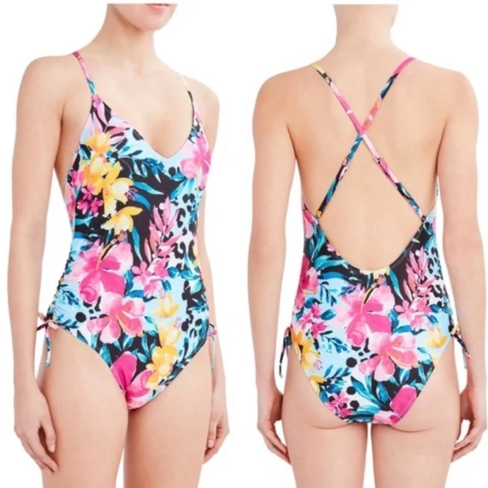 BCBG Paris Tropical Floral Ruched One-Piece Swimsuit Medium